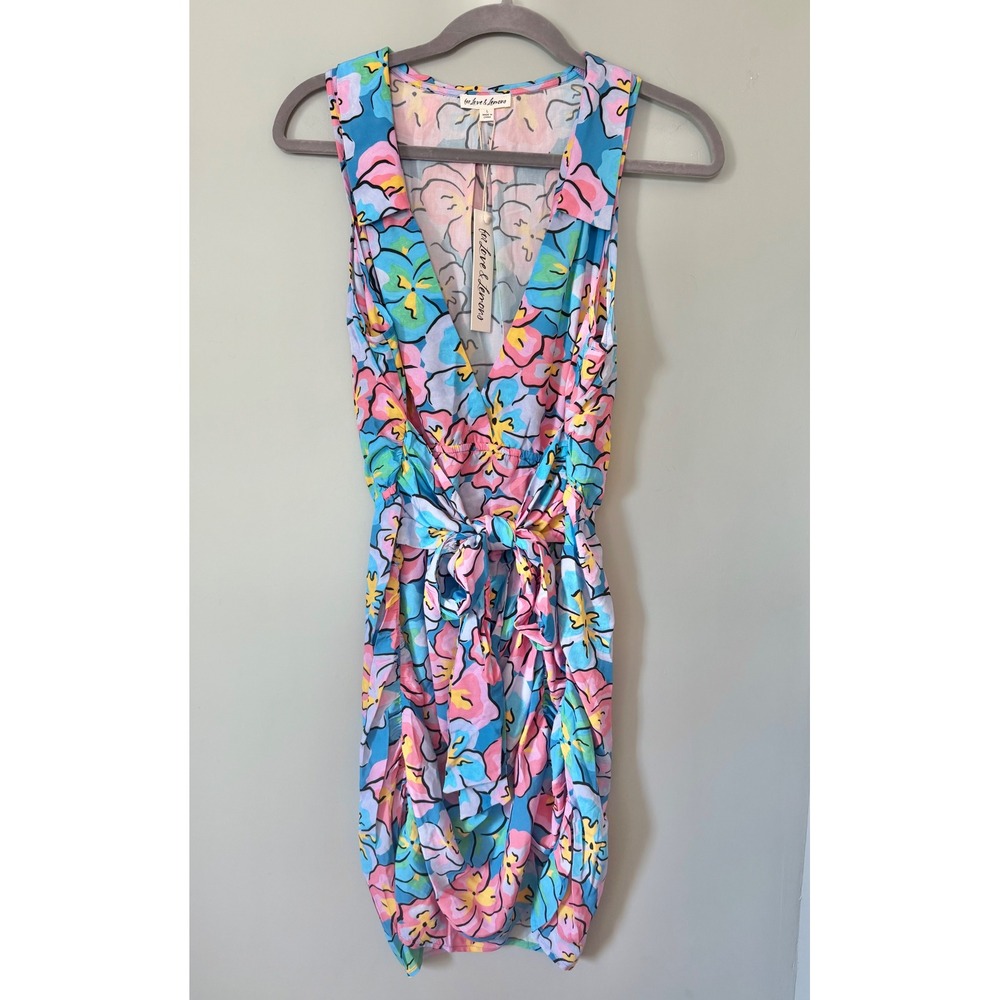 For Love & Lemons Yasmin Floral Mini Dress Blue Pink Plunge V-Neck Large NWT - Picture 7 of 14